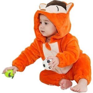 Unisex Baby Animal Costume Winter Flannel Hooded Jumpsuit Halloween Size 13-18 M